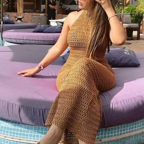 Mocha Brown Boho Womens Crochet Backless Halter Neck Bodycon Dress - Picture 3 of 5